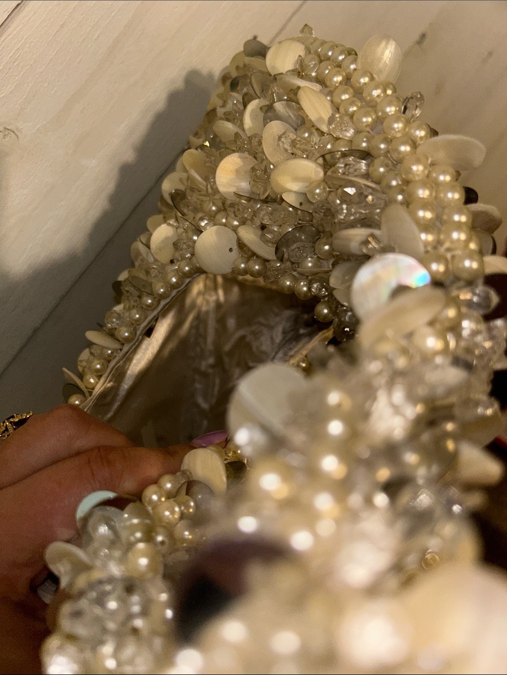 Viral India Beaded Pearl and Shell Accent Cream Shoulder Bag - Picture 5 of 5